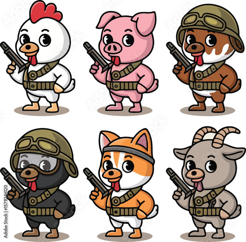 Six adorable cartoon animals ready for action, dressed as soldiers with rifles.