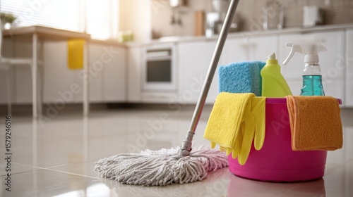 High-quality photo of mopping floors in a spotless gleaming kitchen equipped with minimalist cleaning supplies for a pristine sparkling shine Domestic chore of housework and.