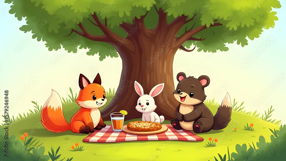 Naklejka premium A Whimsical Illustration of Anthropomorphic Forest Animals - a Fox, a Bunny, and a Bear - Enjoying a Picnic Under a Large Green Tree.