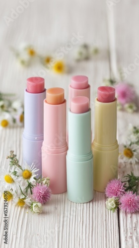 A collection of colorful lip balms in pastel shades are arranged on a white wooden surface surrounded by delicate daisies and soft pink flowers evoking a sense of natural beauty and gentle care