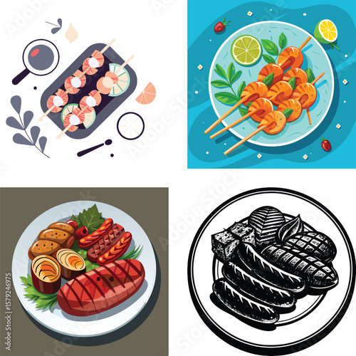 Delicious grilled foods featuring shrimp and sausages on plates