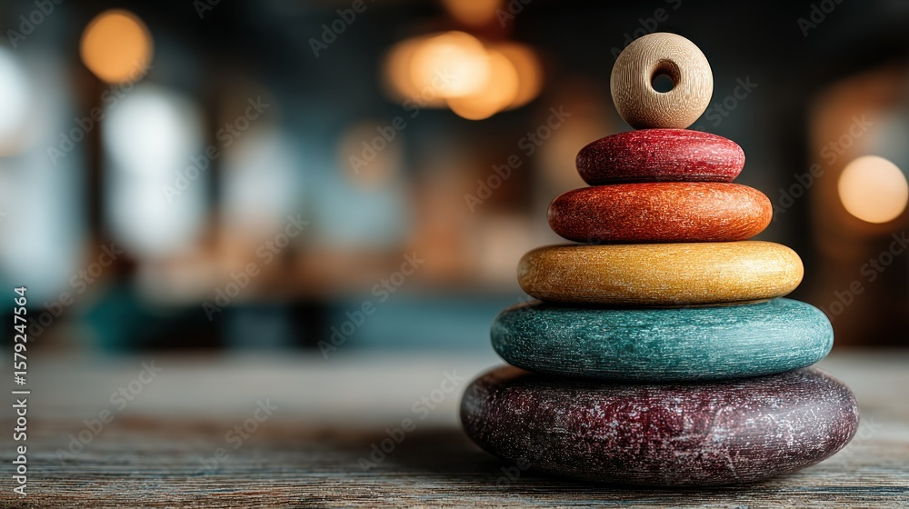 Obraz premium Colorful stacking rings on wooden table