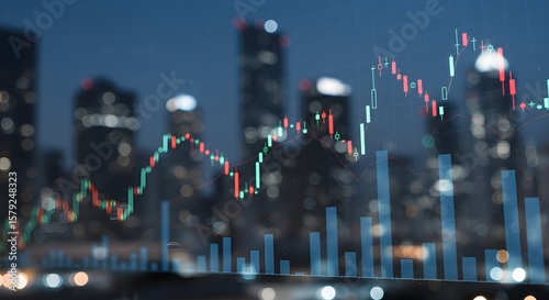 Financial Stock Market Charts Over Blurred Modern City Skyline at Night