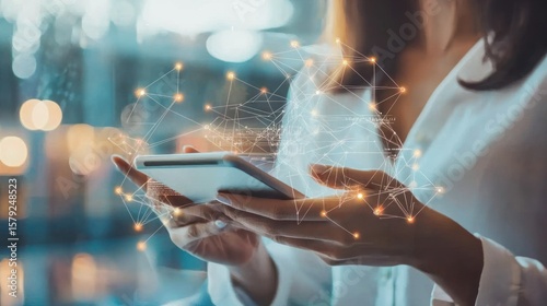 Woman using digital tablet network graphic overlay