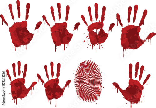 Vector art of red bloody handprints and fingerprint isolated on white background