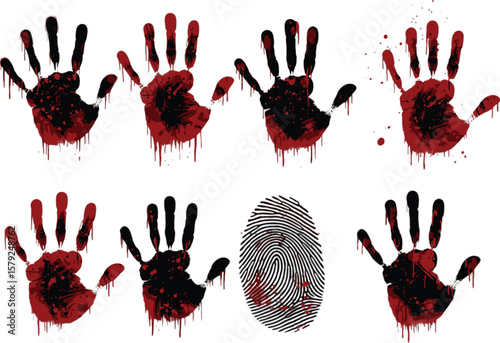Vector art of bloody handprints and fingerprint isolated on white background
