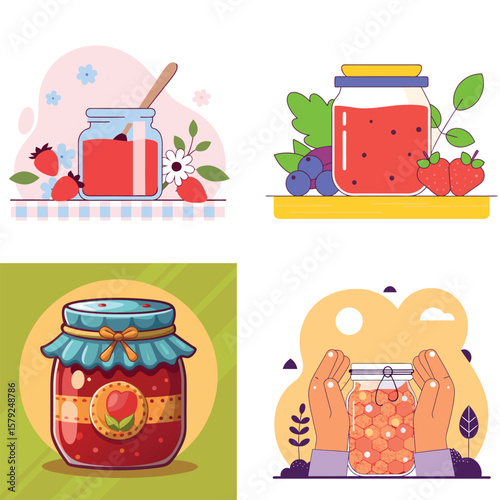 Delicious jars of homemade fruit jam and honey presented with fresh berries and flowers