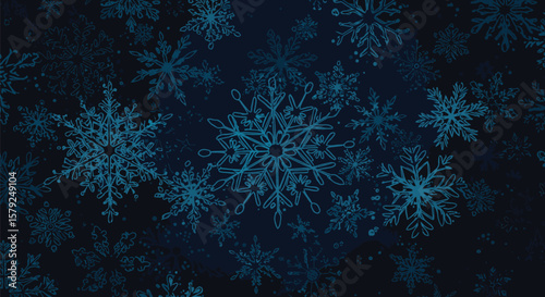 Vector art of a dark blue winter background with intricate snowflake patterns
