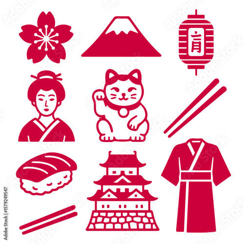 vector isolated red color japan traditional cultural symbols