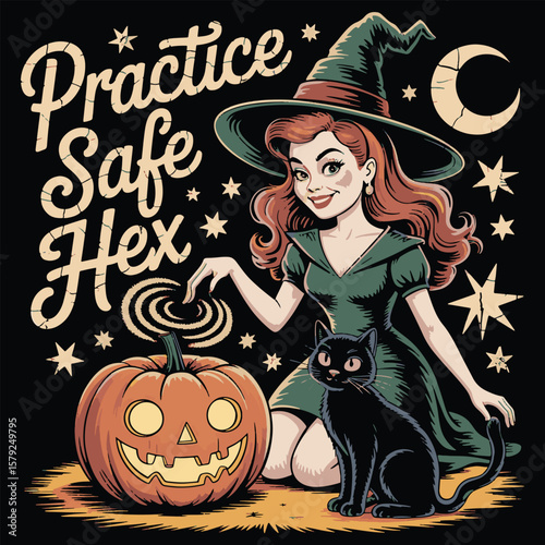 Practice Safe Hex Funny Witch and Spellbook Graphic