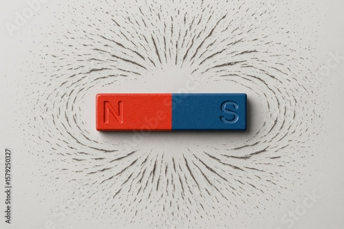 Bar magnet showing magnetic field lines visualized with iron filings on a white surface