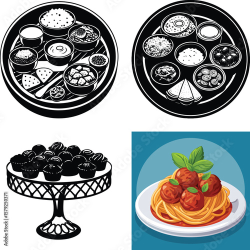 Diverse food illustrations featuring indian thali sweets and spaghetti with meatballs