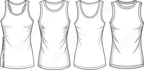 Women's Assorted White Tank Top and Sleeveless T-shirt Styles Fashion Flat Sketch CAD Drawing Vector Illustration, Apparel Template Collection