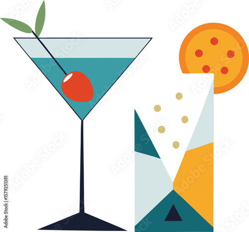 Sparkling Beverage Modern Cocktail Illustration with Geometric Pizza Slice Design Element
