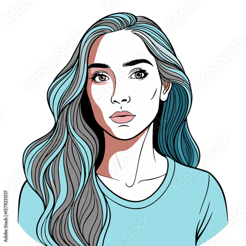 Minimalist Line Art Portrait of Young Woman – Flowing Hair and Contemplative Expression Illustration