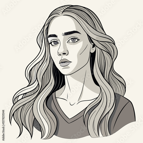 Elegant Line Drawing Portrait of Young Woman – Minimalist Black and White Illustration on White Background