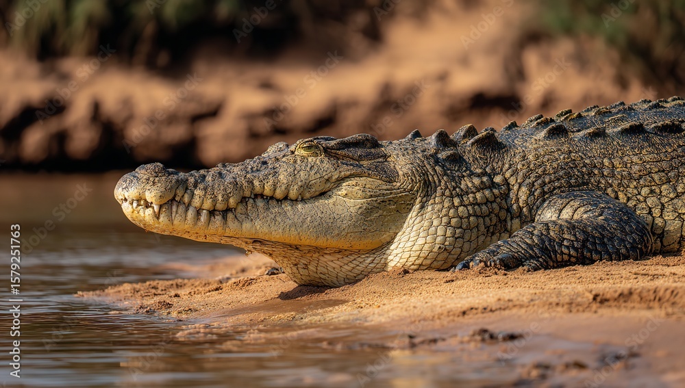 Obraz premium Large Alligator Lounging on Shoreline, Sunlit Scales Glowing Beside Reflective River Scene