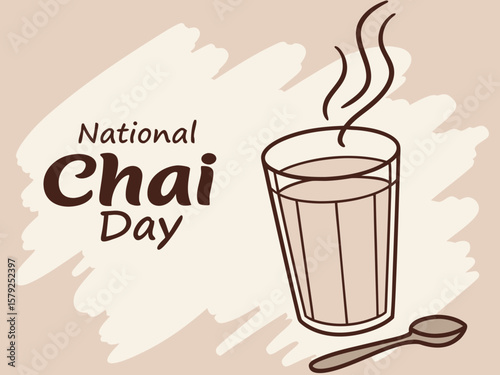 National Chai Day Illustration with Glass of Tea and Spoon on Beige Background