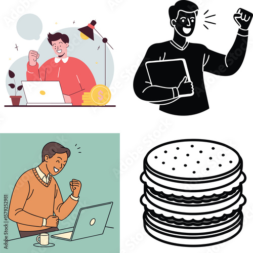 Successful individuals celebrating achievements with laptops and food items