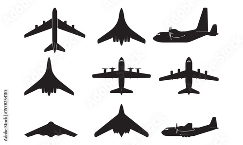 Collection of various Military aircrafts silhouette icon silhouettes on white background. Includes military, cargo, commercial aircraft. For aviation themes. Aviation collection with plane icons