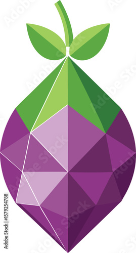 Sparkling Beverage Geometric Purple Fruit with Green Leaves: Low Poly Vector Illustration Design