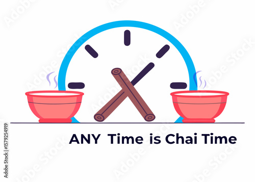 Chai Time Illustration with Clock Cinnamon Sticks and Steaming Cups for Tea Break