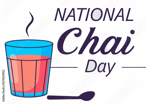 National Chai Day Illustration with Glass of Tea and Spoon on Beige Background