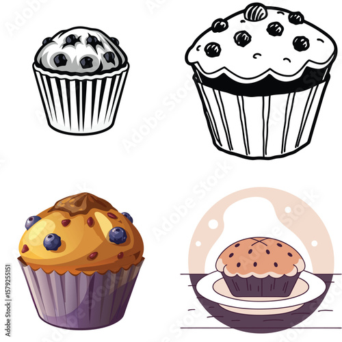 Four diverse styles of blueberry muffins illustrated in a grid layout