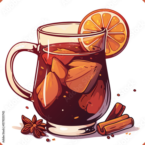 Vector illustration of mulled wine with orange slices, cinnamon and spices, on white background. 
Vector illustration of winter beverage on white background