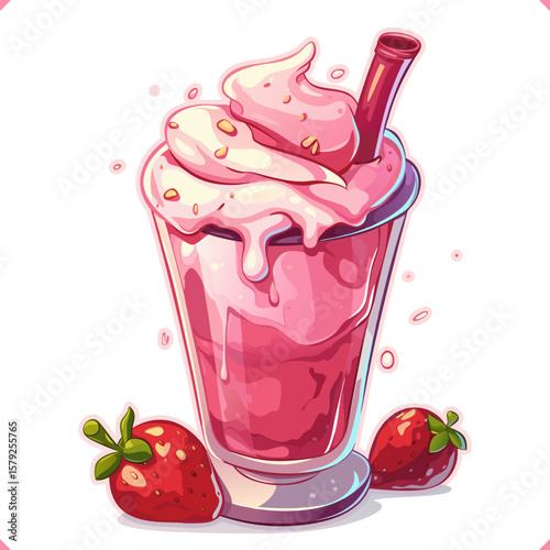 Vector illustration of pink cold drink with ice cubes and straw in a glass on white background. 
Vector illustration of summer beverage on white background