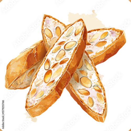 Vector illustration of almond biscotti cookies on white background. Vector illustration of traditional bakery on white background