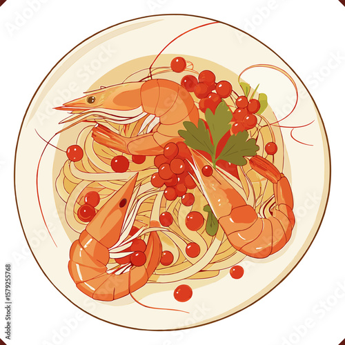 Vector illustration of shrimp pasta with tomatoes, berries, olives and herbs, top view on white background