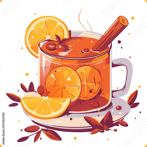 Vector illustration of mulled drink with cinnamon and orange slices in a decorative mug on white background. Vector illustration of winter christmas beverage on white background