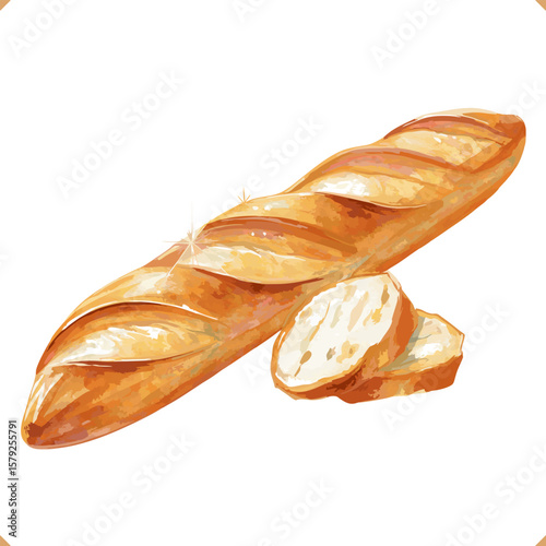 Vector illustration of a baguette with crispy crust on white background. Vector illustration of delicious bakery on white background