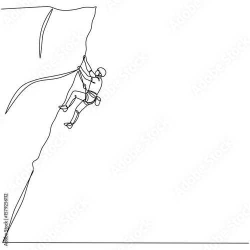 Climber ascending vertical rock face with safety gear and rope, continuous line vector style. Sports and hobby concept, physical activity and adrenaline 