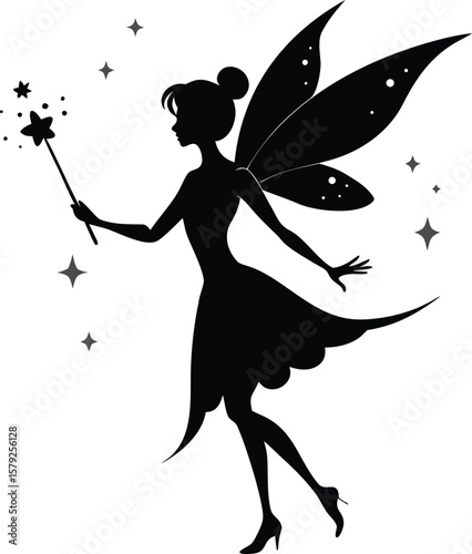 Whimsical Fairy Silhouette with Delicate Details Elegant Vector Illustration