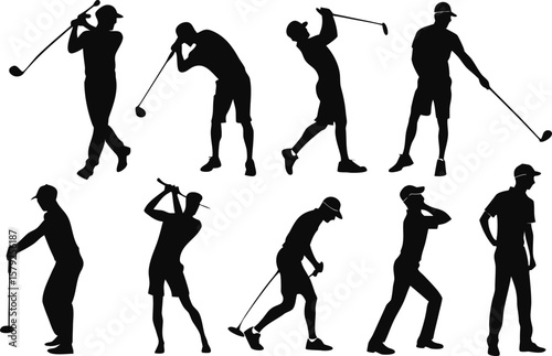 Eight Male Golfer Silhouettes in Dynamic Poses