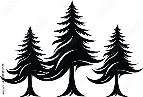 Three Stylized Black Pine Trees with Unique Flowing Branches