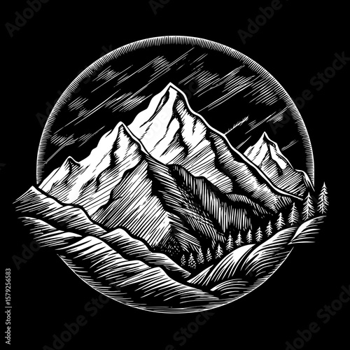 Minimalist line art icon of wilderness mountains, monochrome style