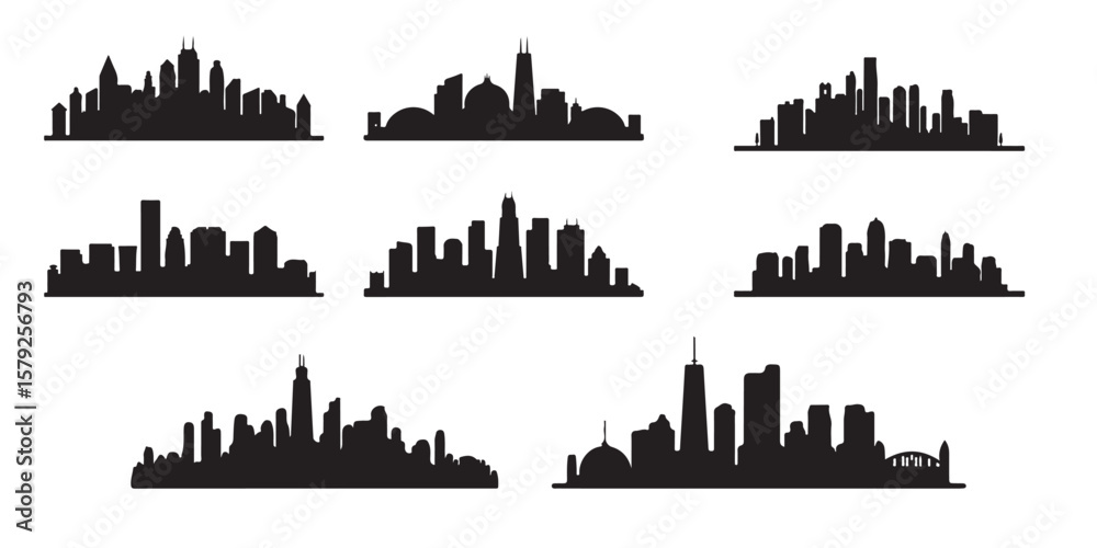 Obraz premium BLACK VARIOUS SET OF vector skyline silhouette 
