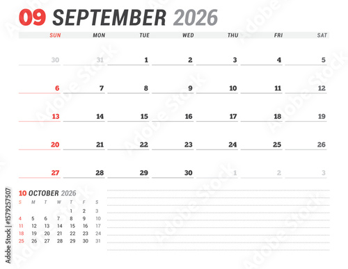September 2026 Monthly Calendar Template for Planning and Organization improves focus and weekly task tracking with open design. Week starts on Sunday. Works well in corporate teams