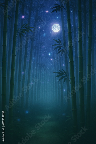 星降る竹林の月夜 ー 青い霧に包まれた竹林の上空に満月と星が瞬く、静謐で神秘的な和風イラスト。壁紙や背景、自然・旅行・癒しのイメージに最適。