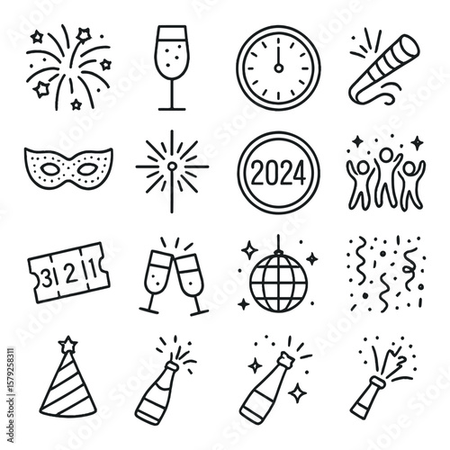 New year celebration collection, festive icons. party and holiday cheer design set