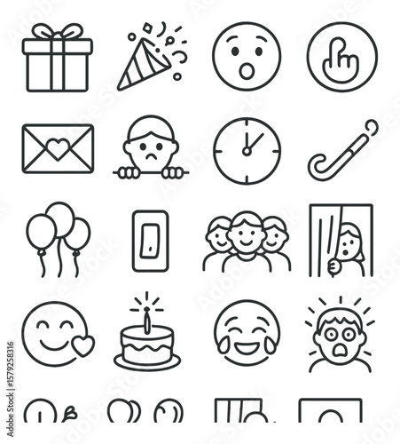 Surprise party collection, celebration and event emoji icons. festive occasion symbol set