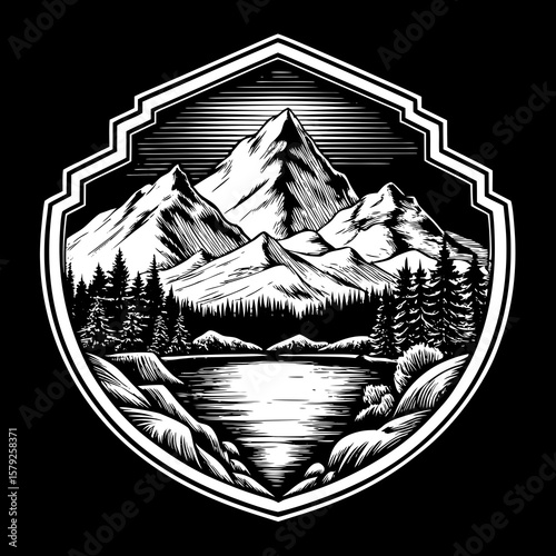 Alaskan nature mountain badge in black and white, flat vector illustration