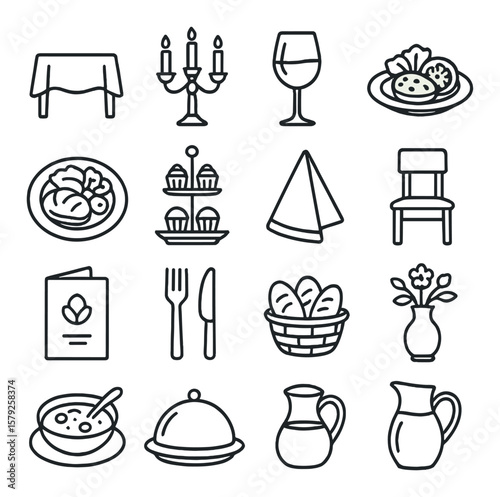 Elegant dinner icon collection, dining and culinary symbols for meal presentation