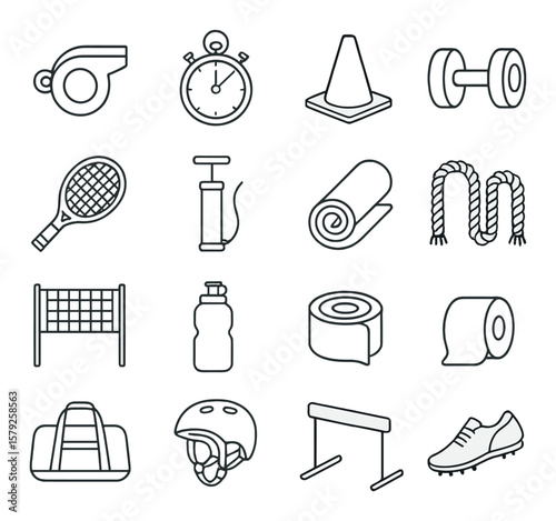 Sport equipment collection: athletic gear icons for fitness and training essentials