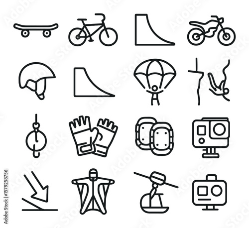 Extreme sports icon collection, adventure graphics set. thrill-seeking activities symbols