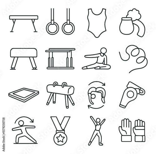 Gymnastics equipment collection, sports gear symbols. fitness and exercise icon set