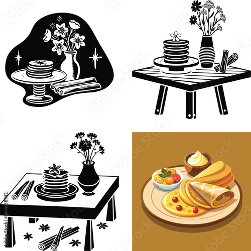 Stylized pancakes and flowers with cinnamon sticks on tables